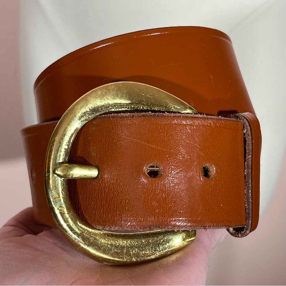 Vintage 1970 80 Retro Camel Leather Oversized Brass Buckle Wide Belt Mobwife